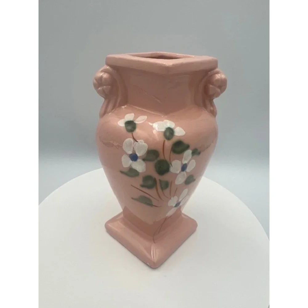 Vintage R.R.P. Co Roseville Ohio Pink Ceramic Bud Vase Hand Painted Floral 5.5